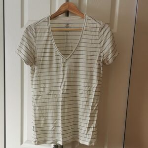Icebreaker Cream V-Neck Short Sleeve Tee with Thin Black Stripes
